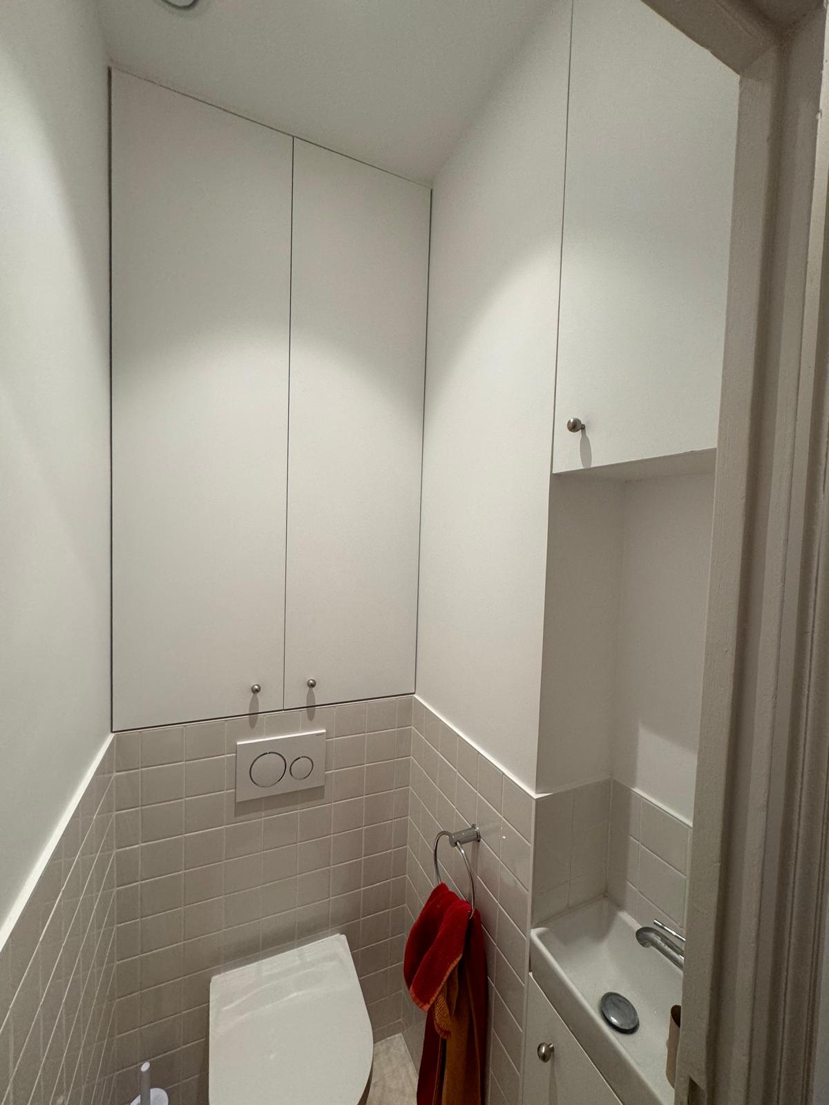 Rangements toute hauteur intégrés dans des WC et une salle de bains